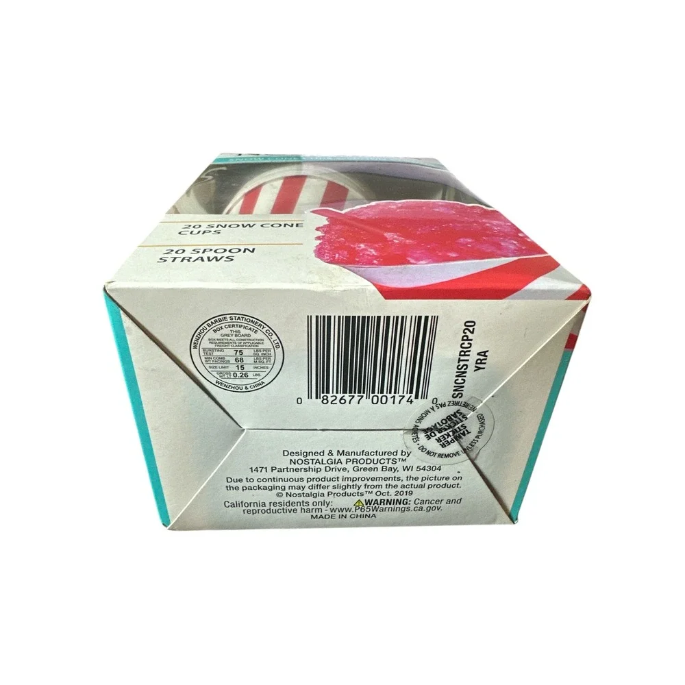 Nostalgia Snow Cone Cups x‎ 20 & Spoon Straws x 20 Shaved Ice New in Sealed Box